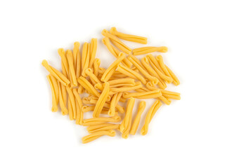 Casarecce pasta isolated, dry traditional macaroni, raw casarecce, wheat noodles, Italy cuisine ingredient