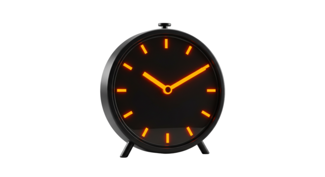 Black vintage-style alarm clock with glowing orange hands isolated on white background, ideal for time management visuals, bedtime reminders, productivity apps, and retro clock designs