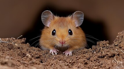 Curious mouse peeking from its burrow