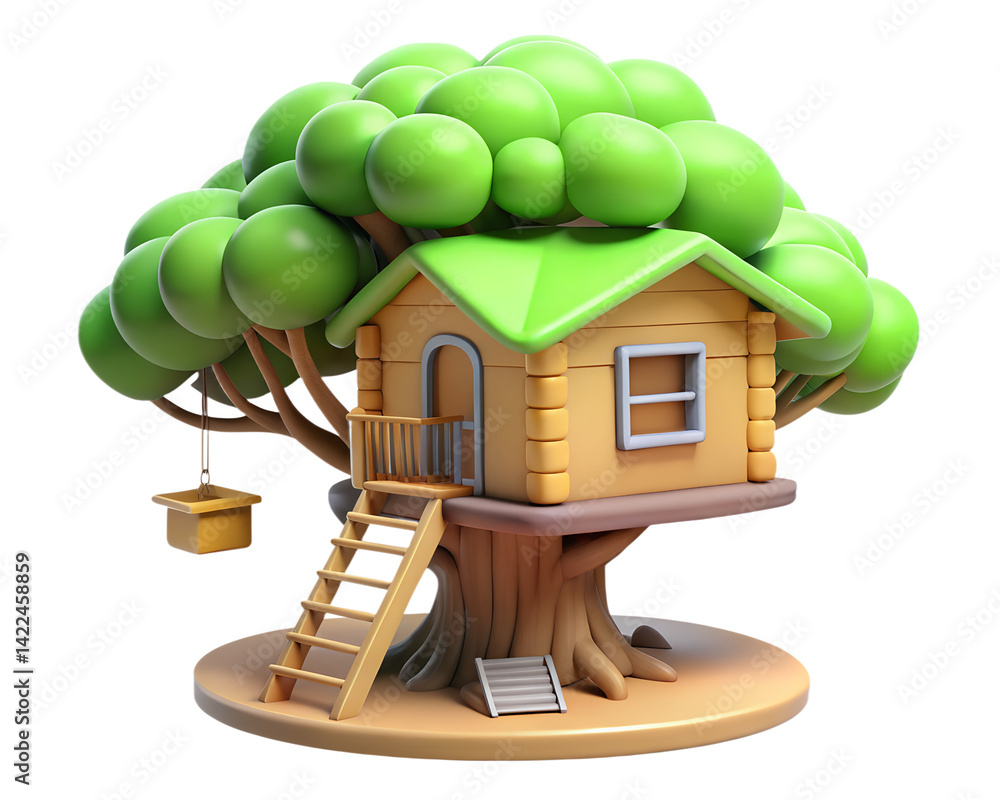 Poster 3d render of a whimsical treehouse with ladder and pulley high quality 3d isolated on white backgrou