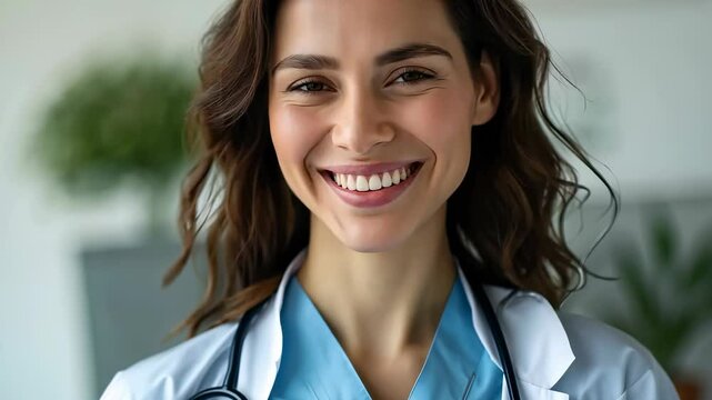 Close-up of a smiling doctor in white coat and stethoscope, indoors. The light is soft and diffused, highlighting the doctor's warm expression. The background is blurred, suggesting clinic or hospital