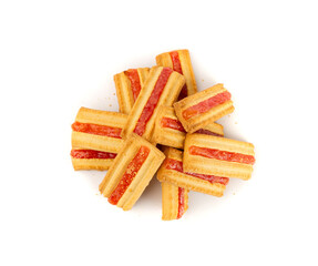 Shortbread sticks with a jam strip isolated, biscuit cookies with fruit marmalade or jelly on white