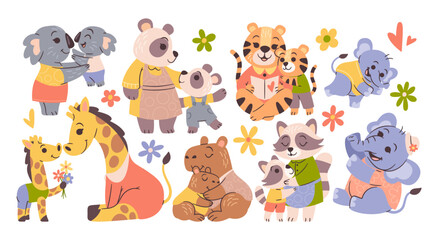 Mothers day hand drawn set with funny cute mom and baby animals in clothes sharing hugs together