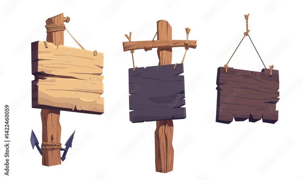 Poster wooden signboard set rustic cartoon game ui vector with textured panels