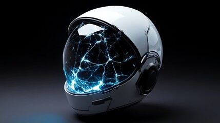 Futuristic astronaut helmet showcases intricate energy patterns.