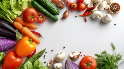 A vibrant array of fresh vegetables and mushrooms, creating a colorful and healthy frame on a white background.