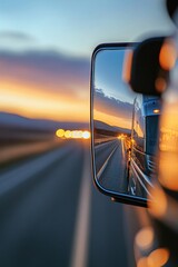 Reflection of truck in rear view mirror during sunset