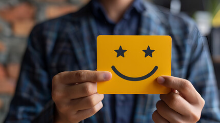Man holding a bright yellow card with a hand-drawn smiley face symbol, representing positive customer feedback, satisfaction survey results, excellent service rating, and overall happiness.

