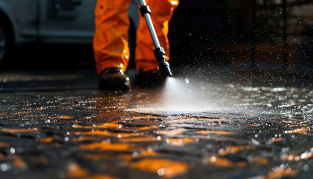 Worker cleans pavement with pressure washer