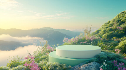 Product display podium on mountain with flowers and sky background for advertising and presentation 3d render