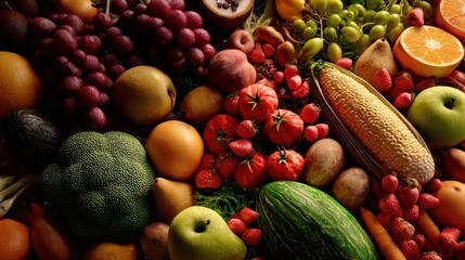 A vibrant still life featuring an abundance of fresh fruits and vegetables, showcasing a rich variety of colors and textures.