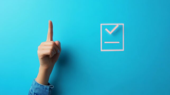 Hand Pointing at Check Mark on Blue Background, Checklist, Approval