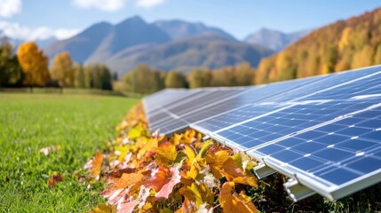 Solar panels in a meadow, autumn colors
