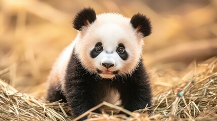 Obraz premium A cute panda cub sits on straw, showcasing its distinctive black and white fur in a warm, natural environment.