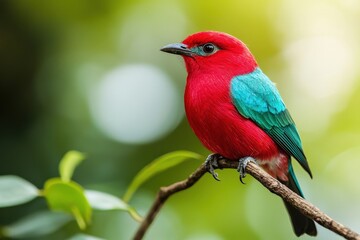 Obraz premium A vibrant bird with a red body and green wings perches on a branch, set against a blurred, lush background.