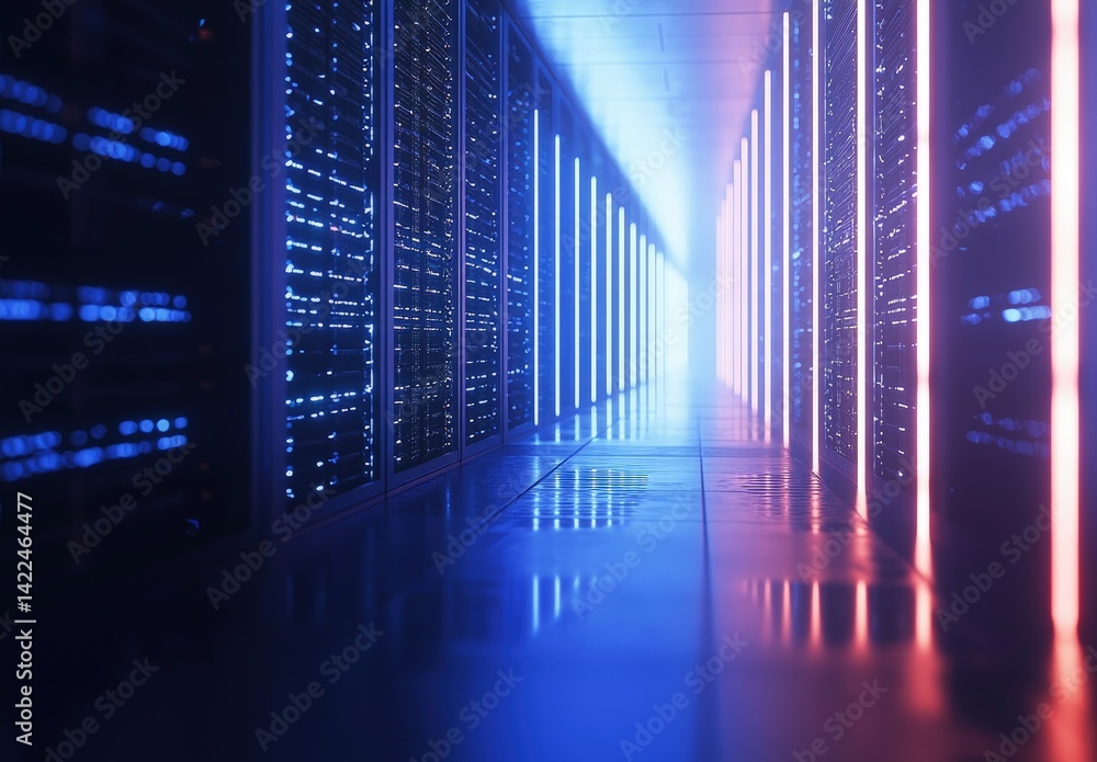 Poster Symmetrical server hallway glowing with blue and pink lights, symbolizing futuristic data infrastructure and secure cloud computing. Ideal for IT, AI, and tech visuals