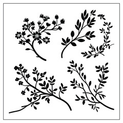 Minimalist Floral Branch Silhouette Vector on White Background