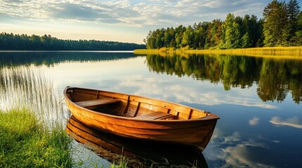 Obraz premium A beautiful wooden boat rests peacefully by a calm lake shore