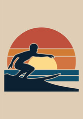 Surfing Adventure on Waves, Tropical Beach, Surfer with Surfboard, Sunset, and Ocean - Solid Color Vector Illustration for International Surfing Day