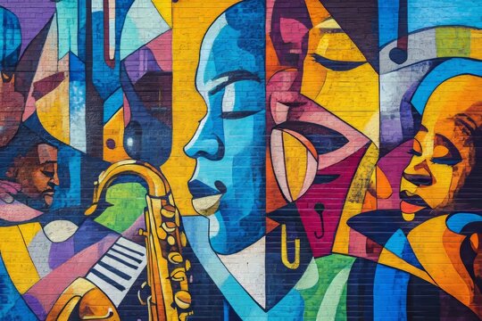 Vibrant mural showcasing diverse jazz musicians with abstract instruments and expressive faces