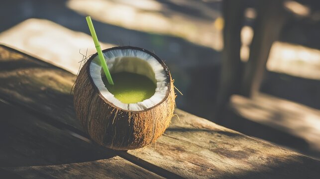 Fresh Buko Juice in Coconut Shell with Straw on Wooden Table
