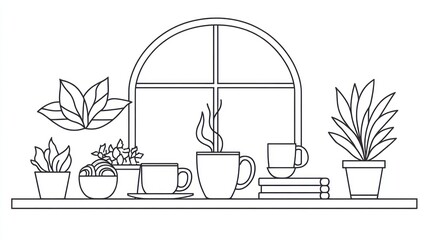 Shelf with Plants, Cups, and Books by a Window