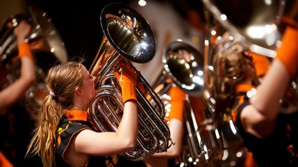 College Marching Band Celebrating Halftime Performance with Tubas
