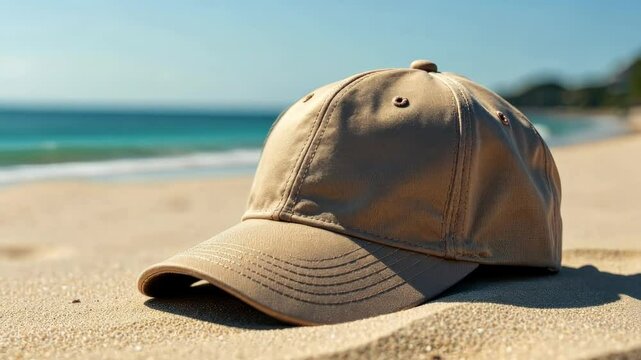 4k frame brown sports cap lies on sandy beach by the sea.