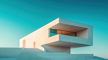 Fototapeta premium Modern White Concrete Building Exterior Against Blue Sky with Geometric Design and Clean Lines