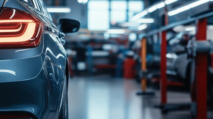 close-up of car rear in modern automotive workshop, showcasing sleek design and vibrant taillights. blurred background of industrial garage emphasizes cutting-edge technology vibe