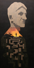 An oil painting depicting the inside of a huge man's head with many labyrinth-like stairs leading to his brain. Ahead, someone walks through a tall labyrinth, with a red sun setting behind them.