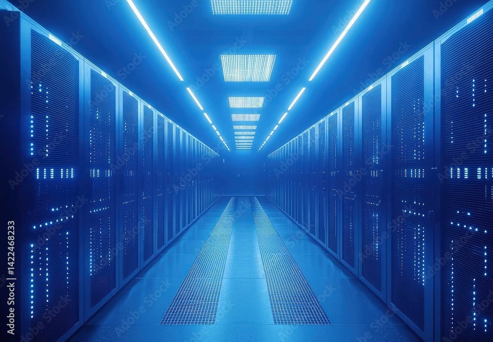 Poster Blue-lit data center hallway with glowing server racks and ceiling panels, symbolizing high-performance infrastructure and secure digital storage. Great for IT, cloud, and AI themes
