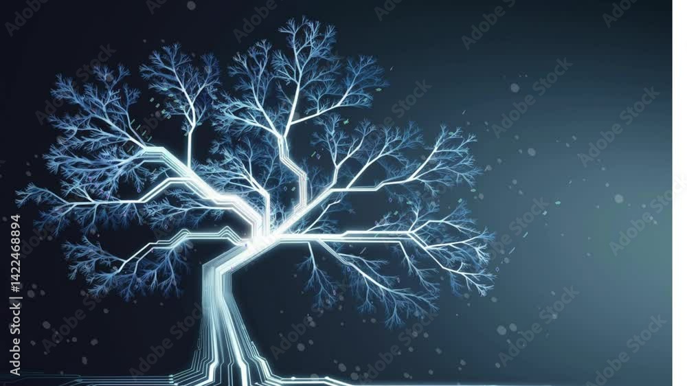 Poster digital tree of life: a stylized digital depiction of a tree, its branches and roots resembling circ