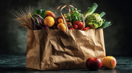 A paper bag overflowing with fresh produce. A healthy and vibrant selection of fruits and vegetables.