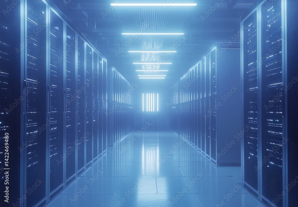Poster minimalist data center with soft blue lighting and reflective floor, evoking security, scalability, 