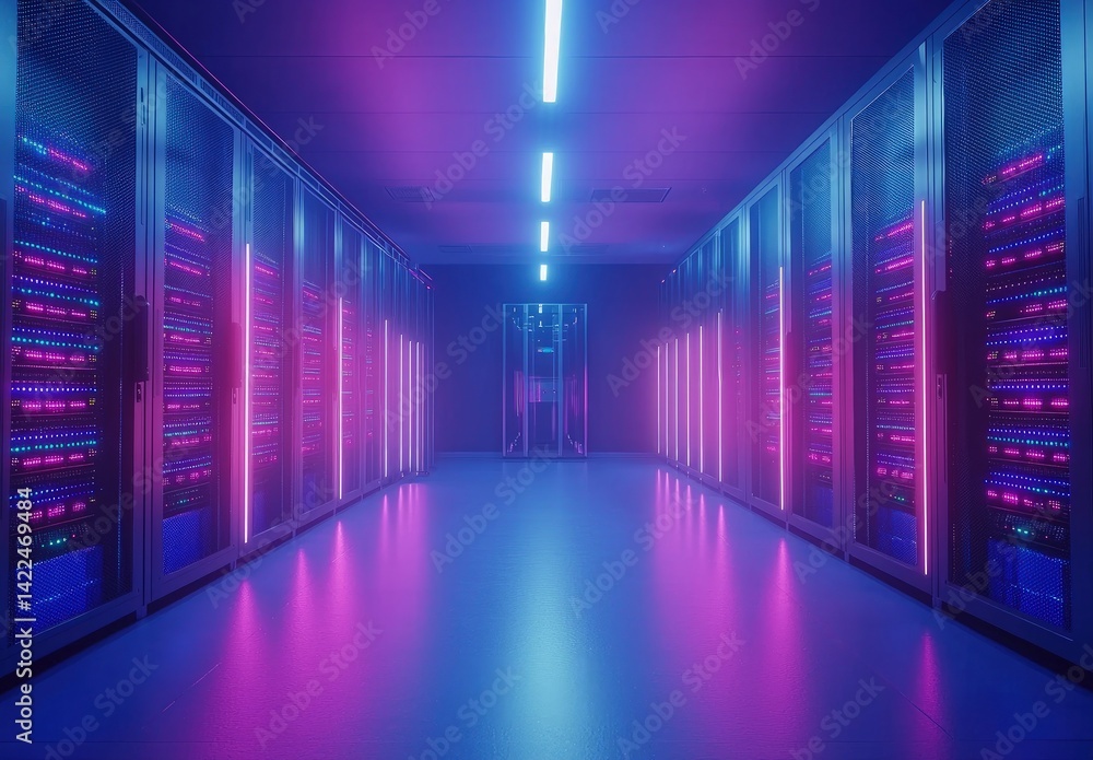 Poster stylish server room with bright pink and blue neon lighting, showcasing futuristic tech and cloud sy