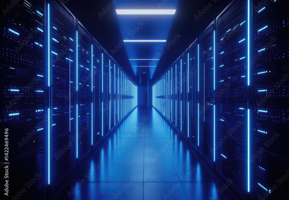 Aufkleber symmetrical corridor of glowing blue servers in a sleek data center, reflecting modern digital infra
