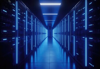 Symmetrical corridor of glowing blue servers in a sleek data center, reflecting modern digital infrastructure and secure cloud computing. Ideal for tech, AI, and IT visuals