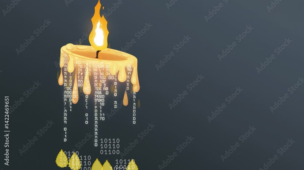 Poster digital candle: a digital candle with a binary code body drips, with fire, against a subtle backgrou