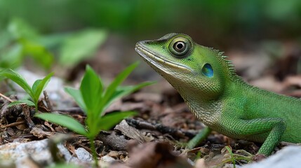 Fototapeta premium Close-up of a vibrant green lizard in natural habitat