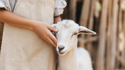 Naklejka premium Female farmer caring for goat in rustic farm setting with natural light