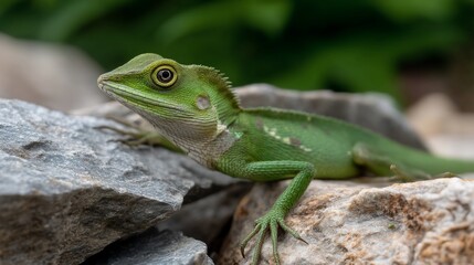 Fototapeta premium Close-up of a vibrant green lizard on rocks