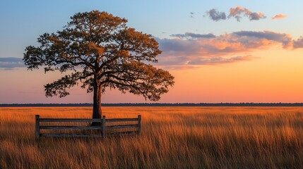 Obraz premium Sunset over golden field, lone tree, wooden fence. Peaceful nature scene, ideal for calming backgrounds
