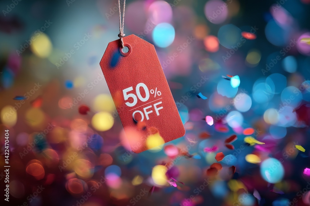 Poster close up of a red price tag with 50 off text against colorful blurred confetti background