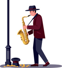 Naklejka premium Saxophone player performing on street with hat and coins vector illustration 
