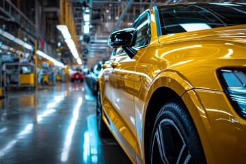 Obraz premium Bright yellow new car on factory production line showcasing stunning details and cinematic lighting