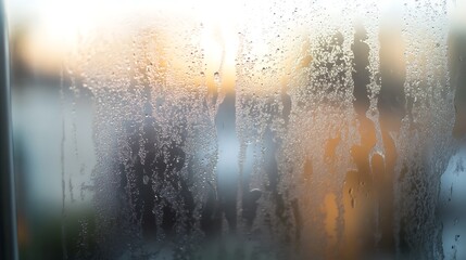 Condensation on a window pane, obscuring a sunset view.