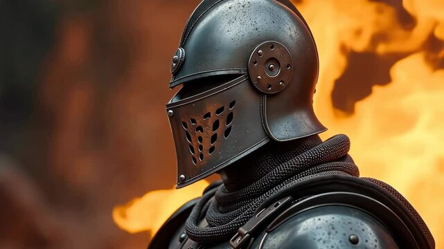 4k frame side view of a knight in armor and helmet against the background of fire.