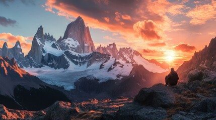 Obraz premium A solitary person watching a gorgeous sunset over mountain peaks