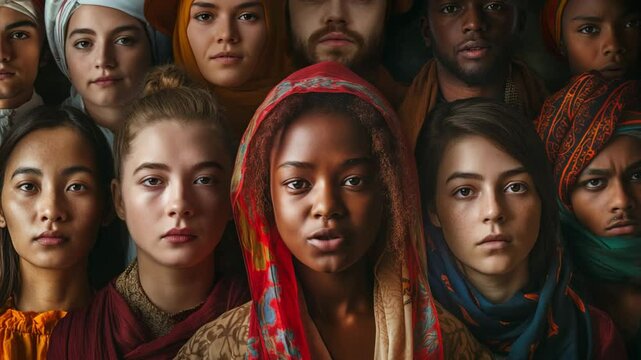 Diverse group of people from different cultures looking into the camera and saying something in unison, captured in a cinematic close-up with minimal movement, symbolizing unity and global solidarity
